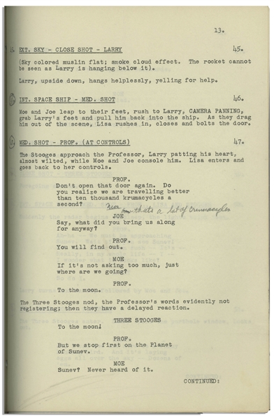 Moe Howard's 24pp. Script Dated August 1956 for The Three Stooges Film ''Space Ship Sappy'' -- With Moe's Annotations & Signatures & Additional 12pp. Script Changes, Shot List & Schedule -- Very Good